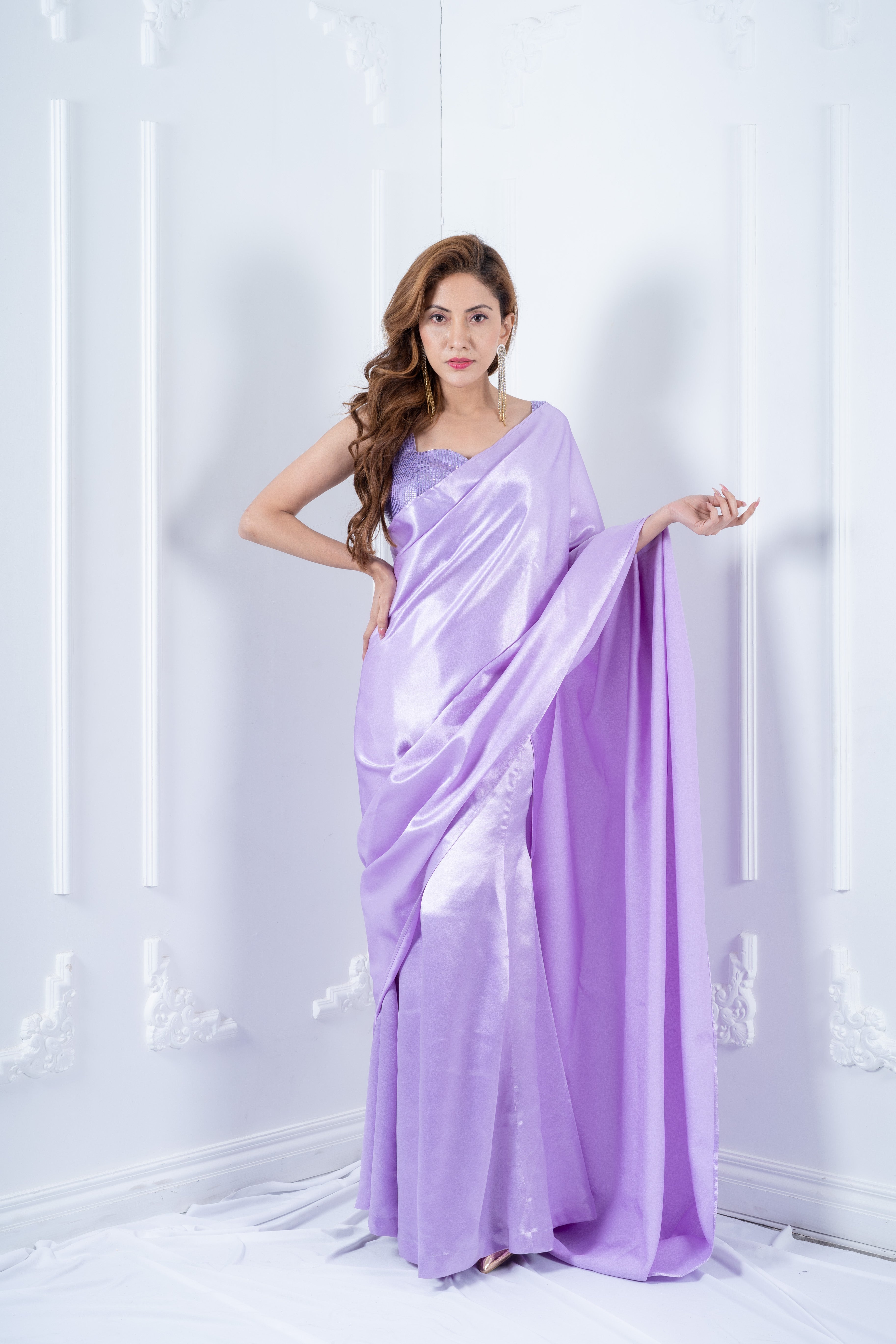 Lavender fish cut satin saree